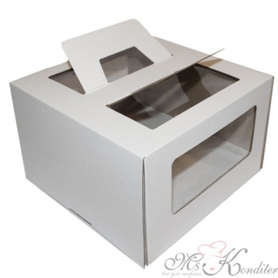 Коробка для торта Гофрокартон с ручками белая 26х26х20 см.