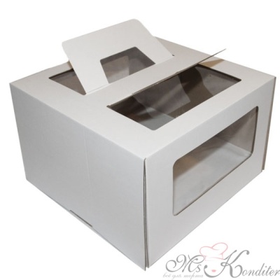 Коробка для торта Гофрокартон с ручками белая 22х22х24 см.