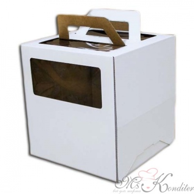 Коробка для торта Гофрокартон с ручками белая 26х26х28 см.
